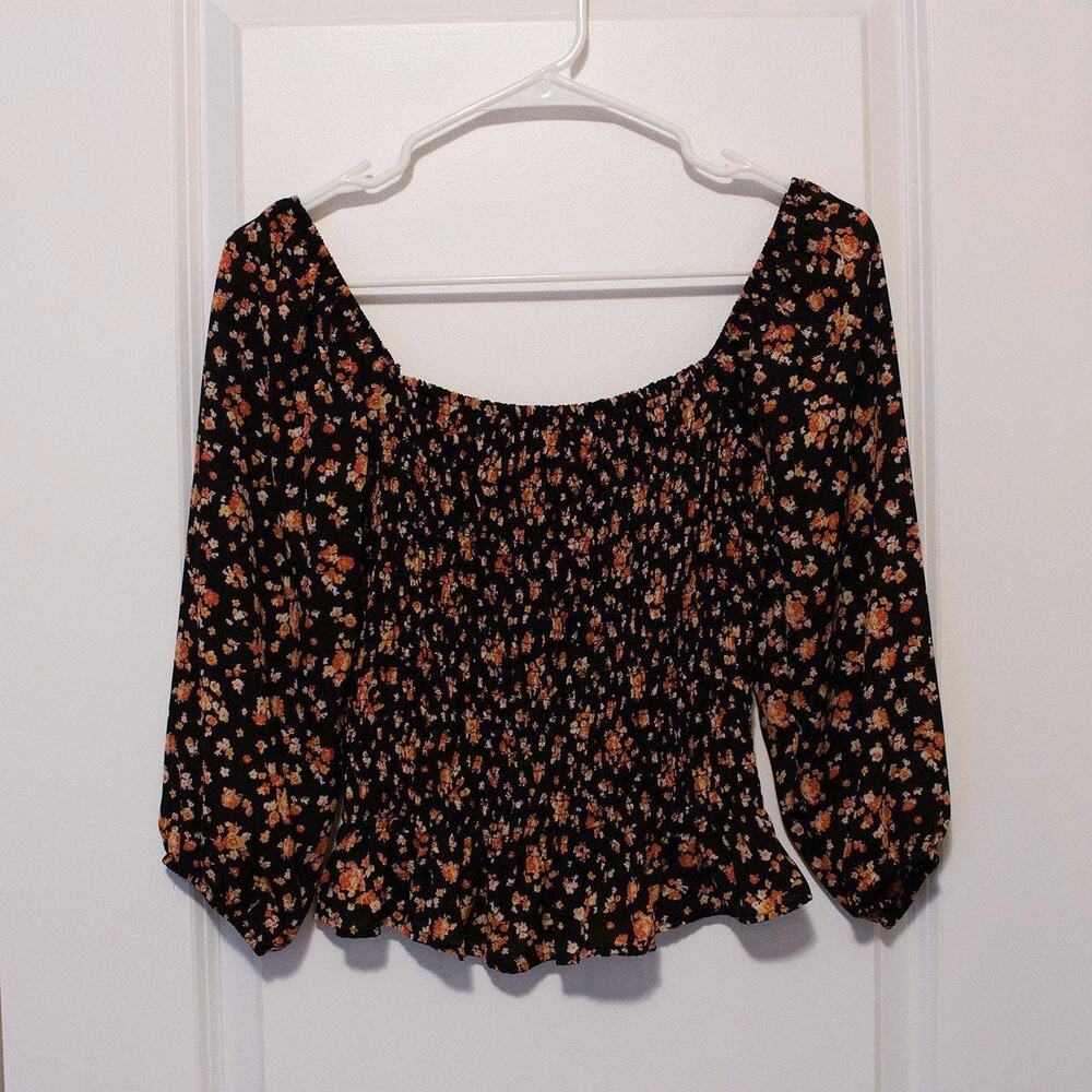 S Cottagecore Botanical Floral Smocked Puff Sleeve Peasant Black Blouse Ruffle